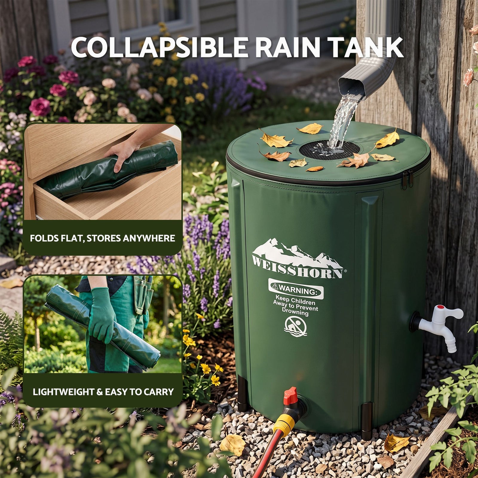 50L/11gal Collapsible Rain Barrel PVC Water Tank Collection Storage for Garden Irrigation