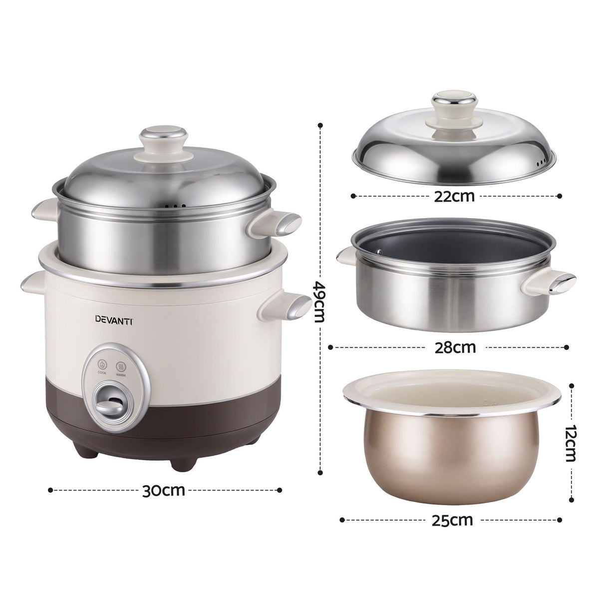 Devanti 3L Rice Cooker 6 Cup with Steamer Non-Stick Ceramic Pot Keep Warm Beige