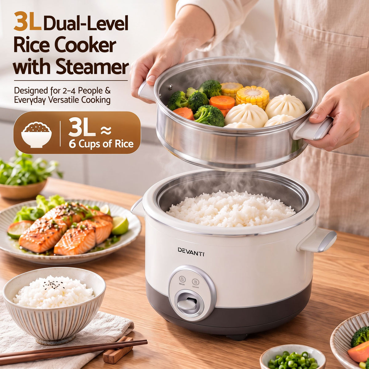 Devanti 3L Rice Cooker 6 Cup with Steamer Non-Stick Ceramic Pot Keep Warm Beige