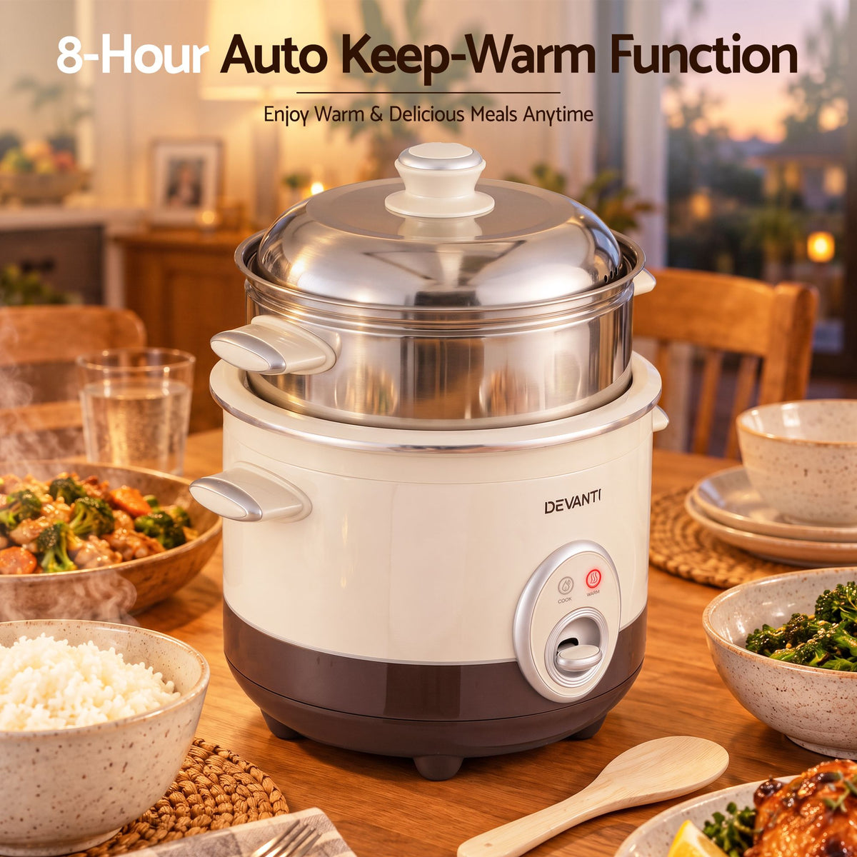Devanti 3L Rice Cooker 6 Cup with Steamer Non-Stick Ceramic Pot Keep Warm Beige