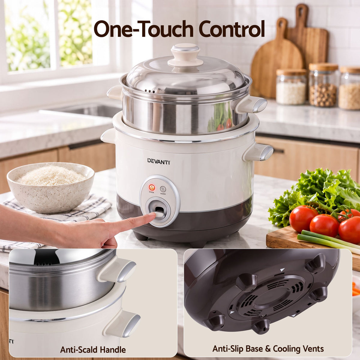 Devanti 3L Rice Cooker 6 Cup with Steamer Non-Stick Ceramic Pot Keep Warm Beige