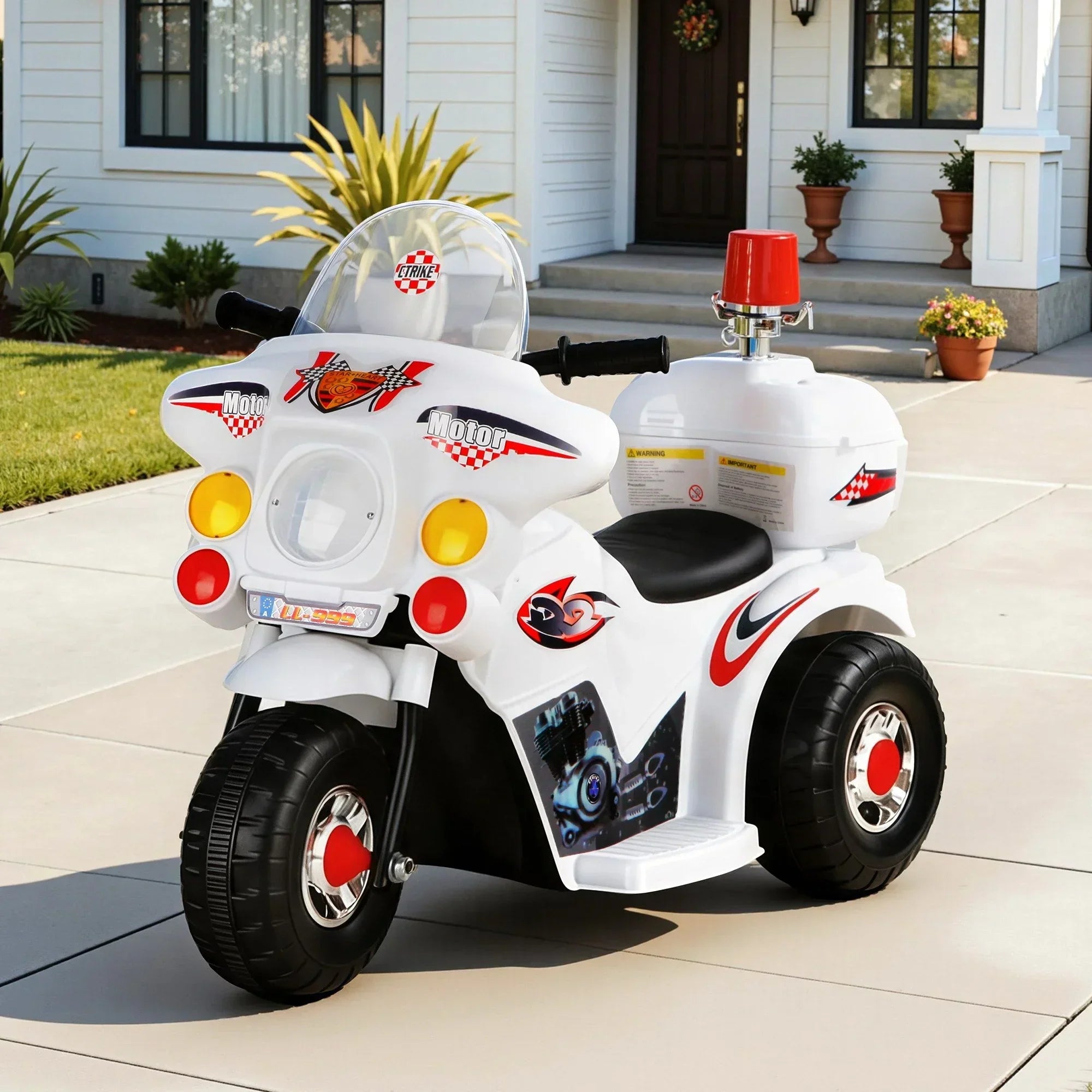 Kids Ride On Police Motorcycle – 6V, Siren, Music, 25W Motor, White