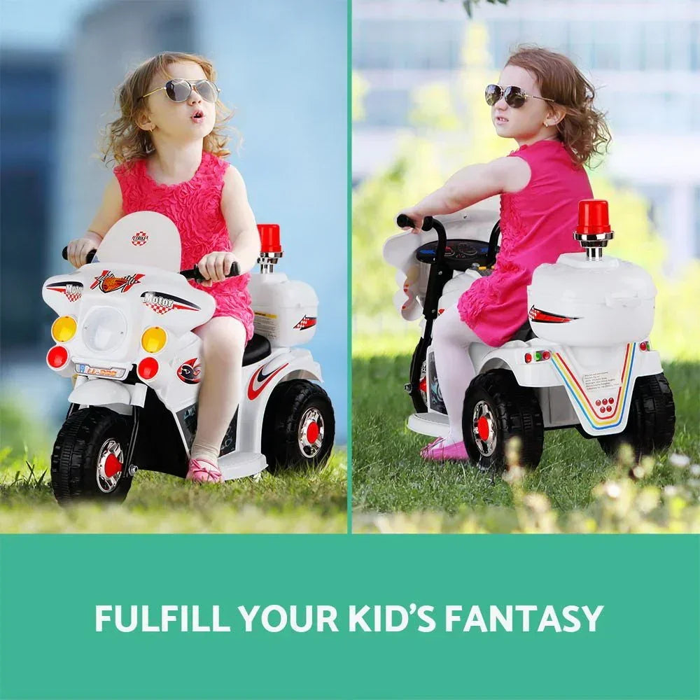 Kids Ride On Police Motorcycle – 6V, Siren, Music, 25W Motor, White