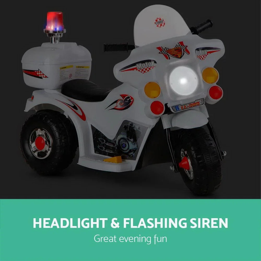 Kids Ride On Police Motorcycle – 6V, Siren, Music, 25W Motor, White