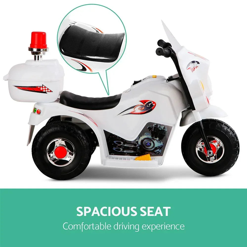 Kids Ride On Police Motorcycle – 6V, Siren, Music, 25W Motor, White