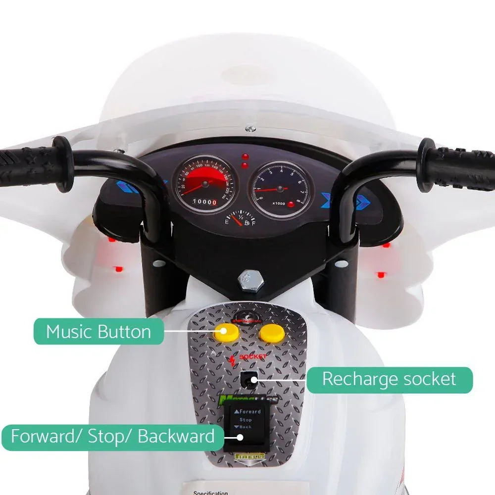 Kids Ride On Police Motorcycle – 6V, Siren, Music, 25W Motor, White