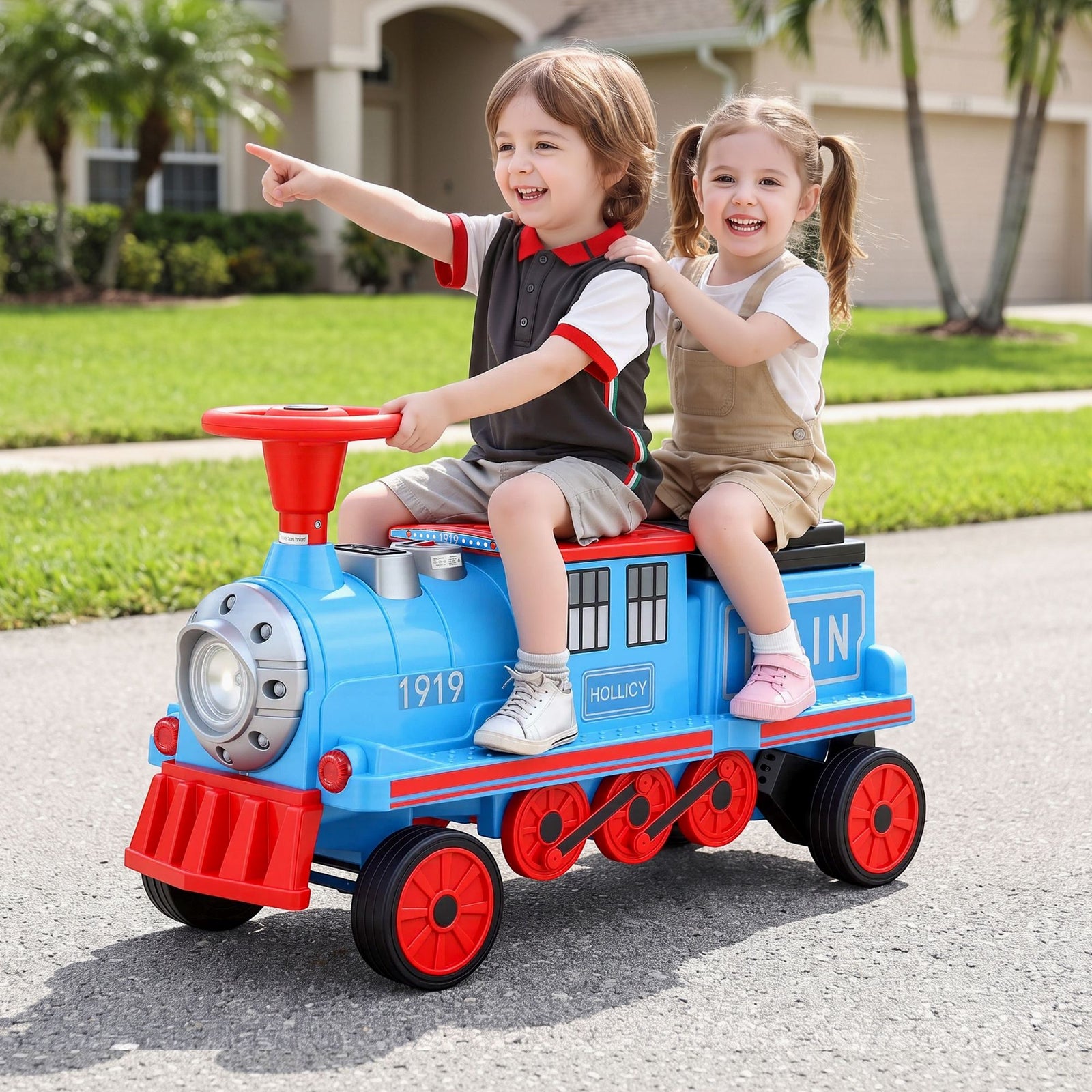 Rigo Kids Ride on Car Train 12V Electric Toy 2 Seaters Storage 87cm Blue