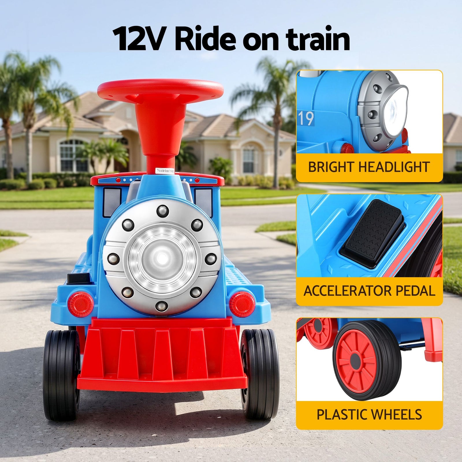 Rigo Kids Ride on Car Train 12V Electric Toy 2 Seaters Storage 87cm Blue