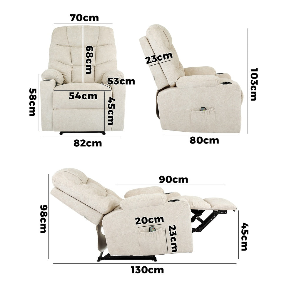 Oikiture Recliner Chair Electric Massage Chairs Heated Polyester Beige