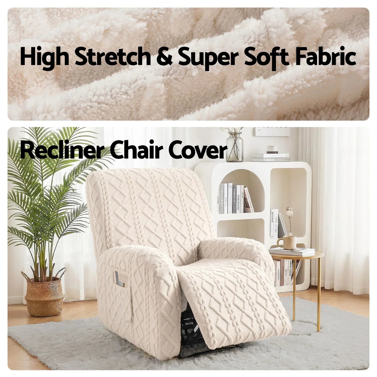Recliner Chair Covers with Storage Side Pockets Beige