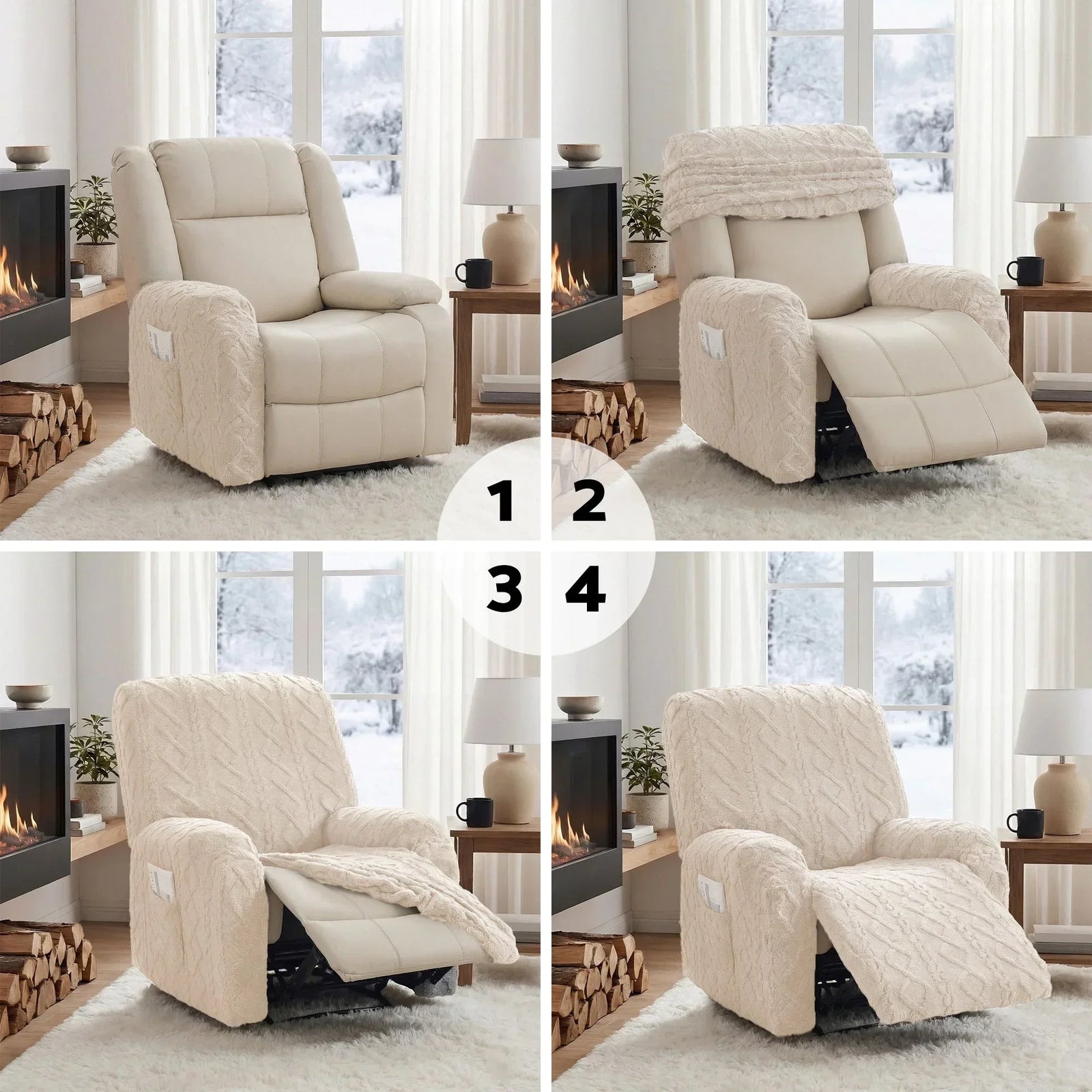 Recliner Chair Covers with Storage Side Pockets Beige