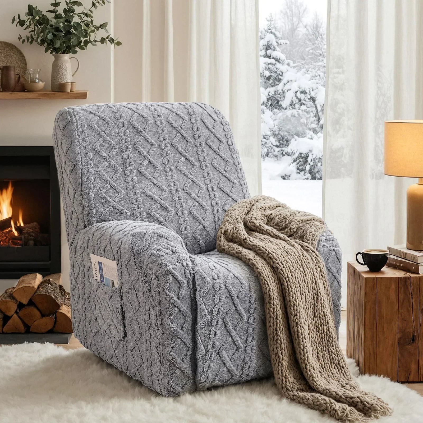 Recliner Chair Covers with Storage Side Pockets Grey