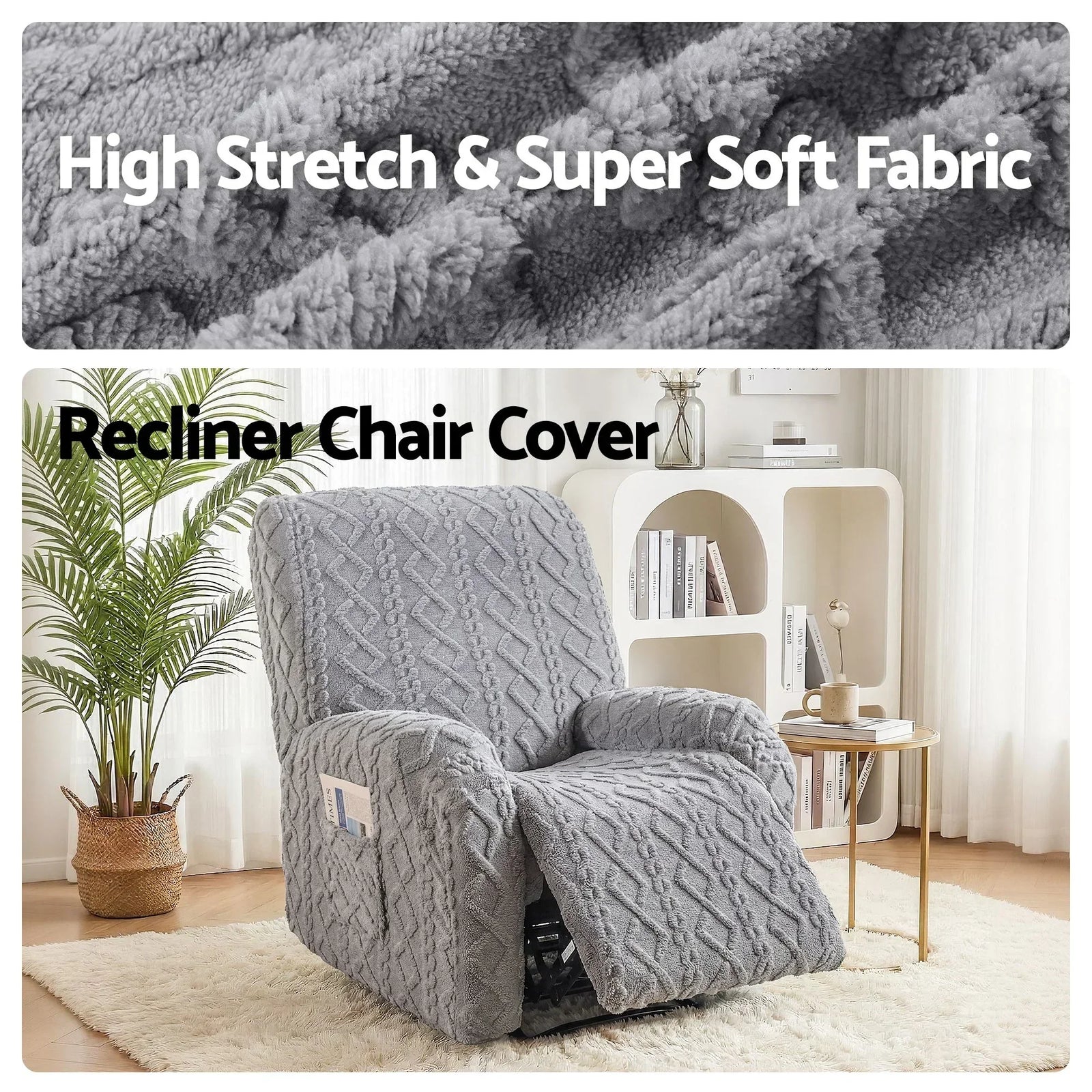 Recliner Chair Covers with Storage Side Pockets Grey