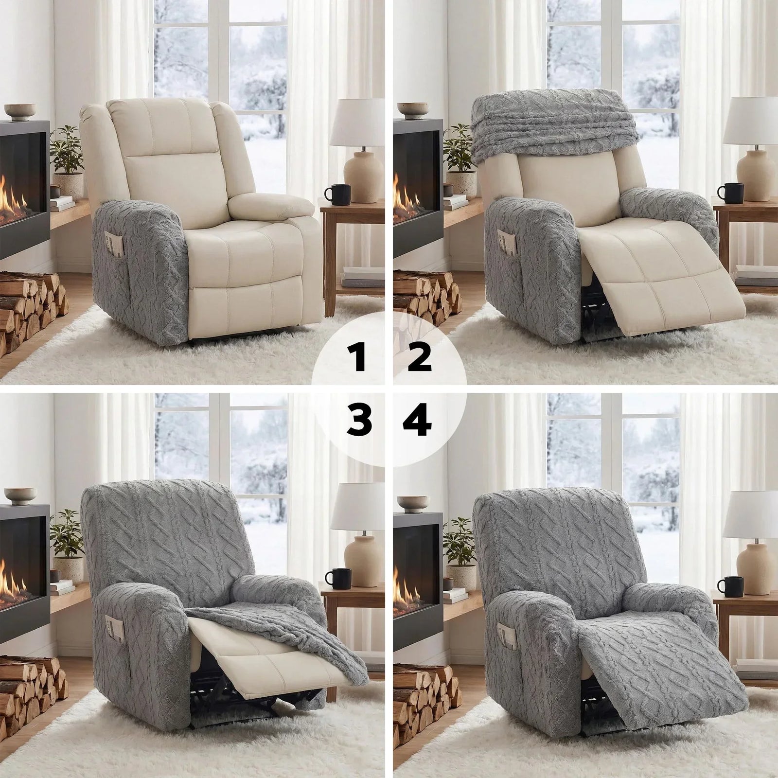 Recliner Chair Covers with Storage Side Pockets Grey