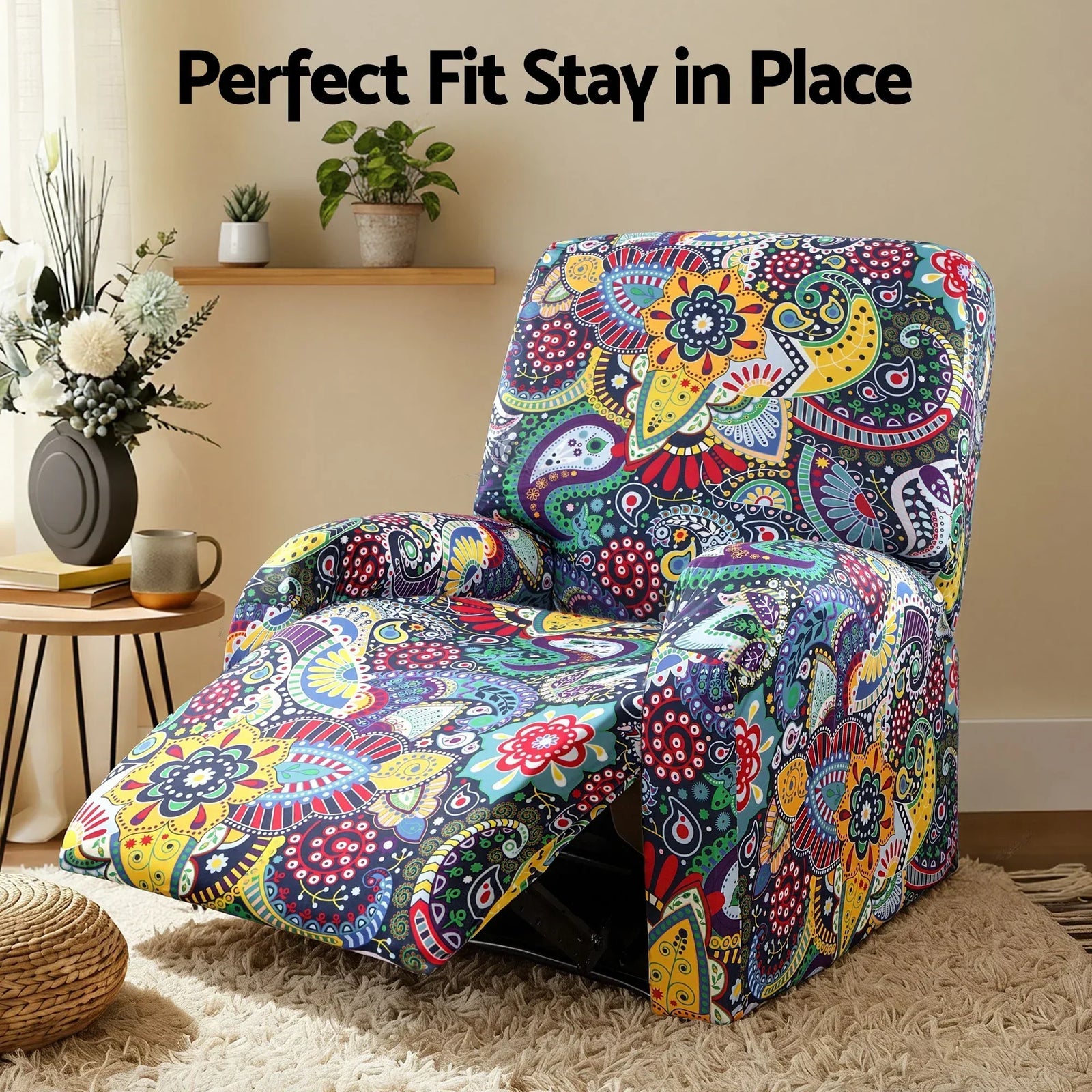 Stretch Kids Recliner Cover 4-Pieces Recliner Chair Slipcovers Printed Polyester