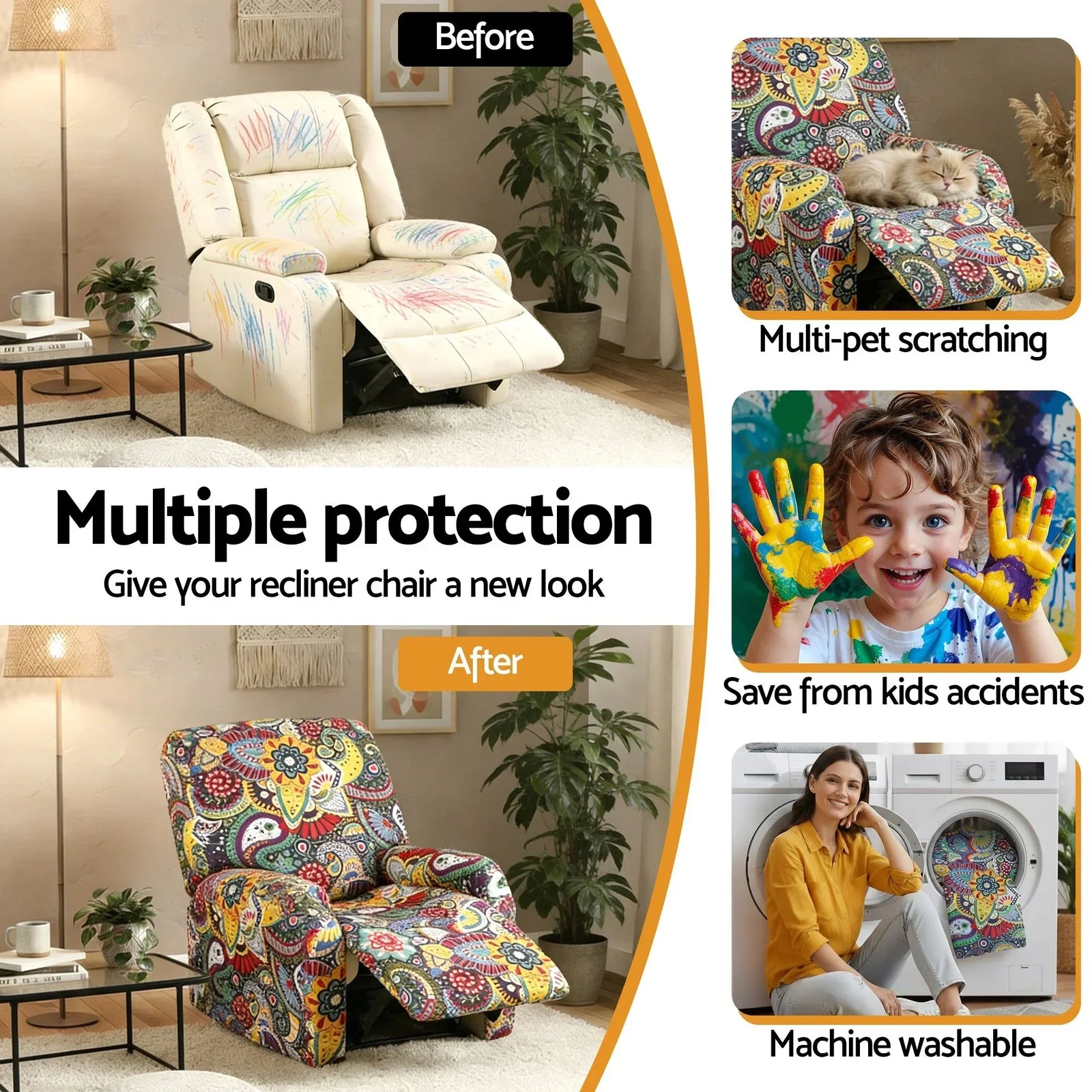 Stretch Kids Recliner Cover 4-Pieces Recliner Chair Slipcovers Printed Polyester