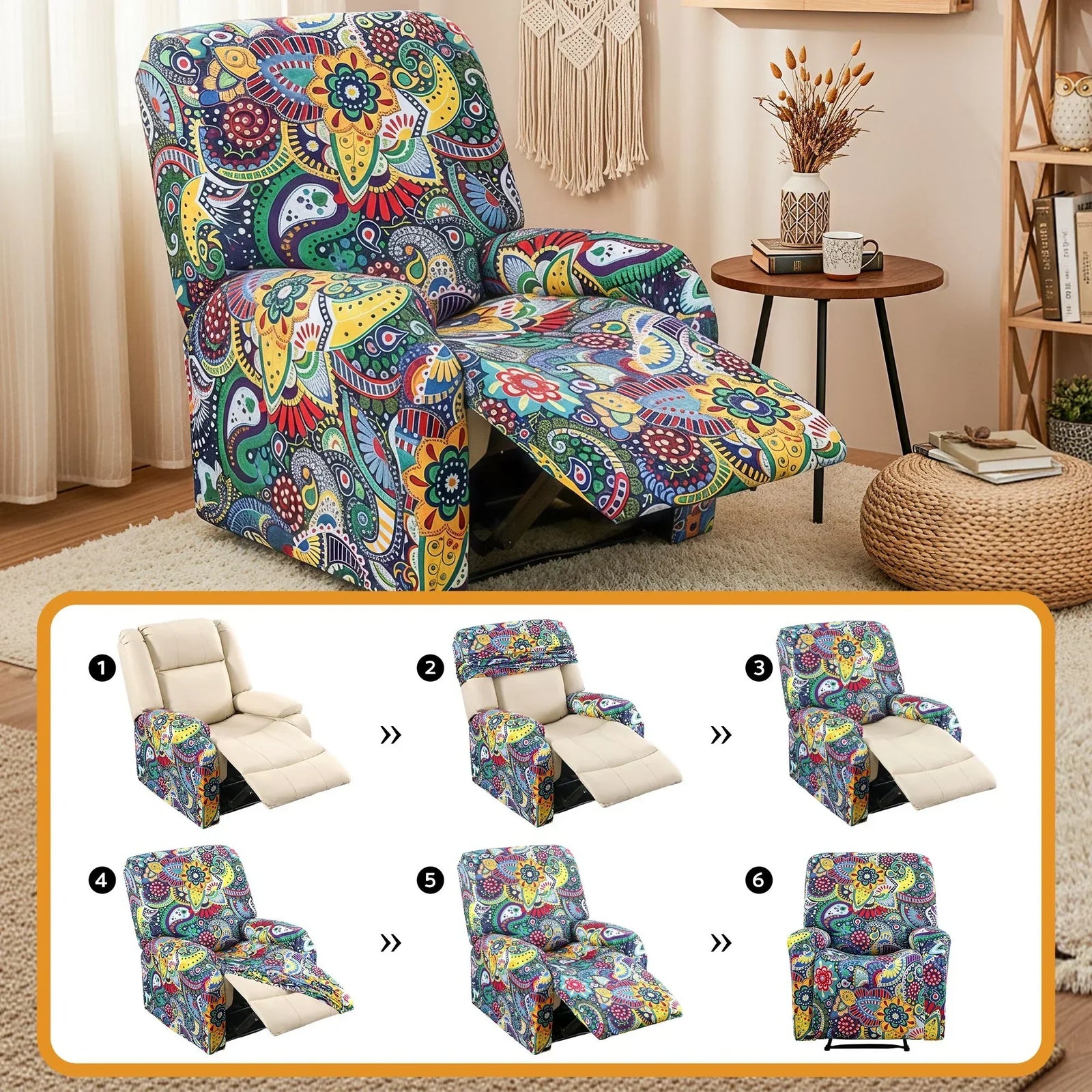 Stretch Kids Recliner Cover 4-Pieces Recliner Chair Slipcovers Printed Polyester