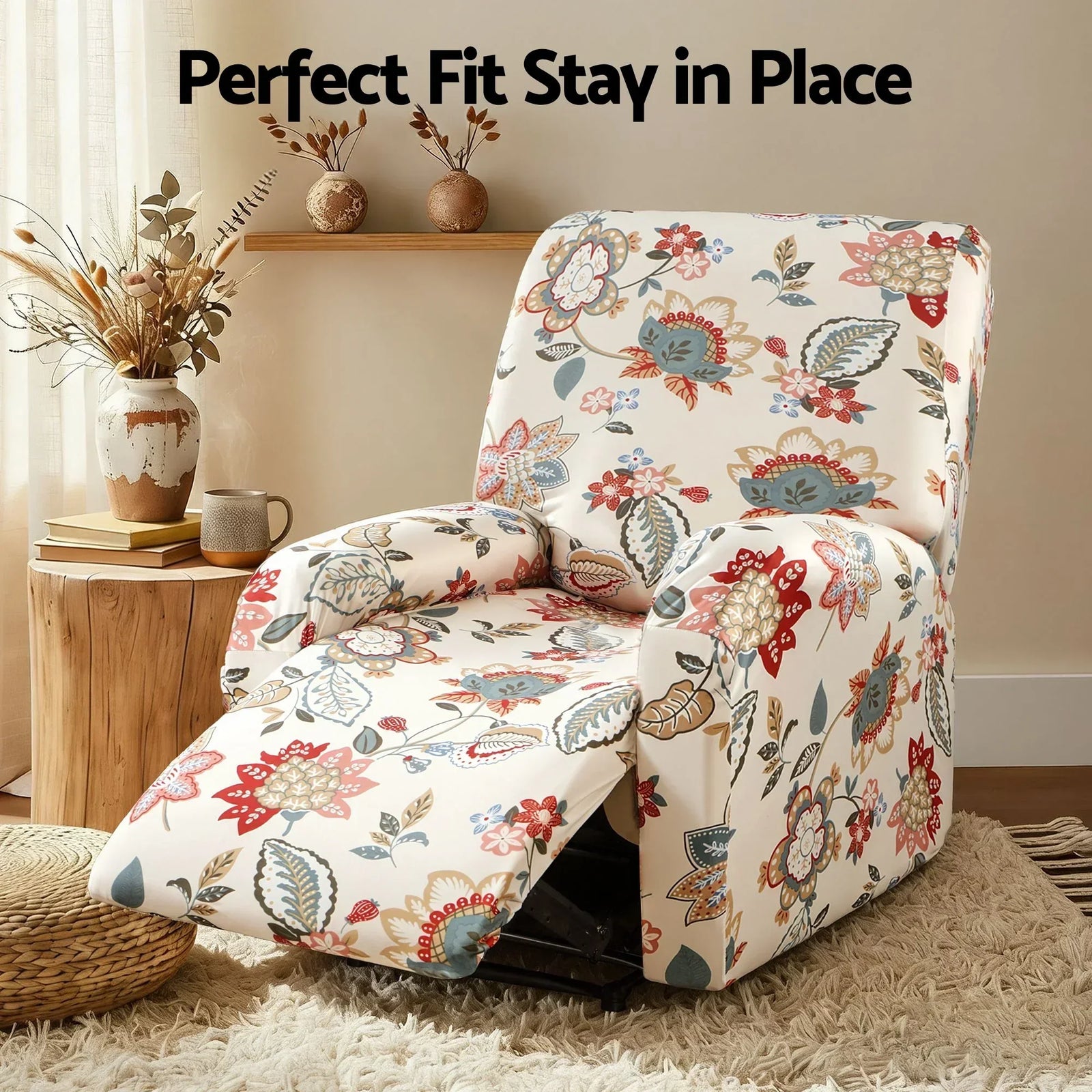 Stretch Kids Recliner Cover 4-Pieces Recliner Chair Slipcovers Printed Polyester