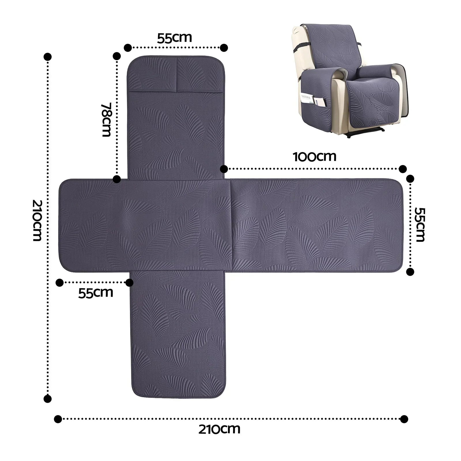 Quilted Recliner Chair Covers 100% Waterproof Recliner Slipcovers Grey