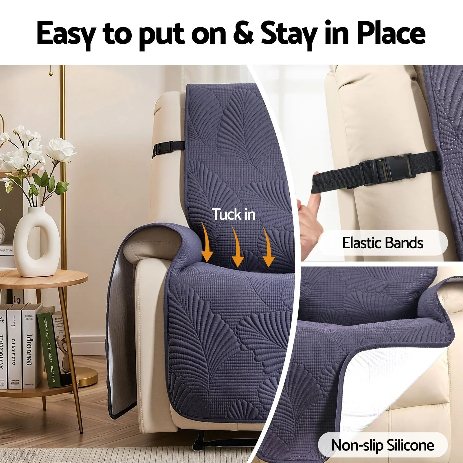 Quilted Recliner Chair Covers 100% Waterproof Recliner Slipcovers Grey