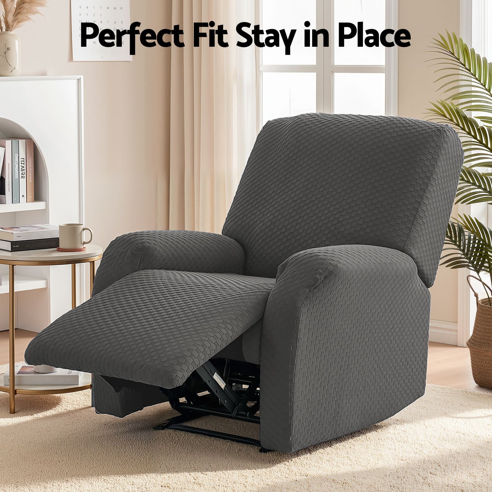 Recliner Chair Covers with Storage Side Pockets Grey Fabric
