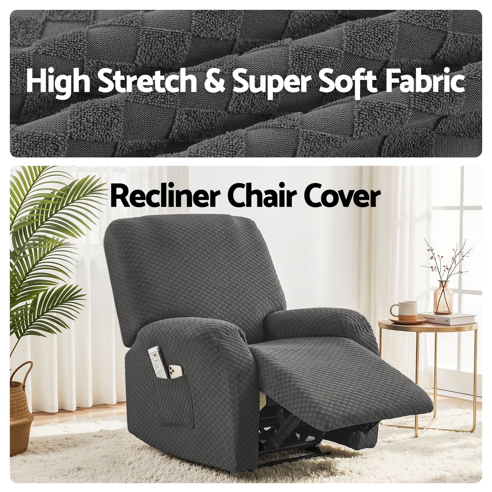 Recliner Chair Covers with Storage Side Pockets Grey Fabric