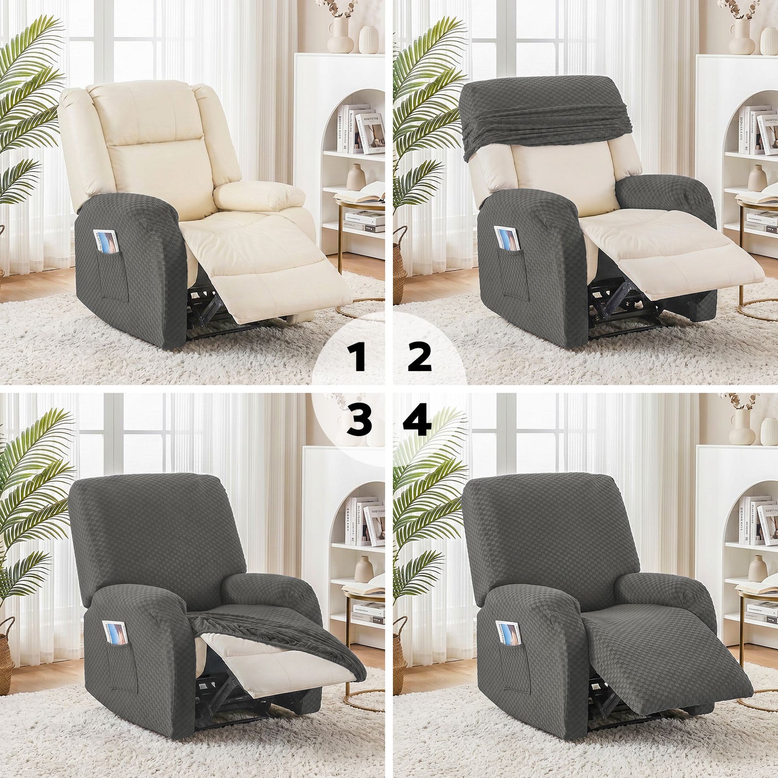 Recliner Chair Covers with Storage Side Pockets Grey Fabric