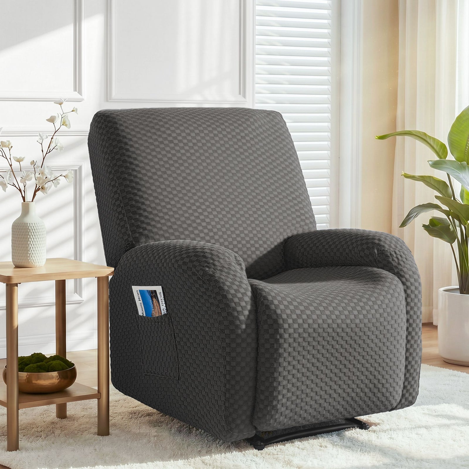 Recliner Chair Covers with Storage Side Pockets Grey Fabric