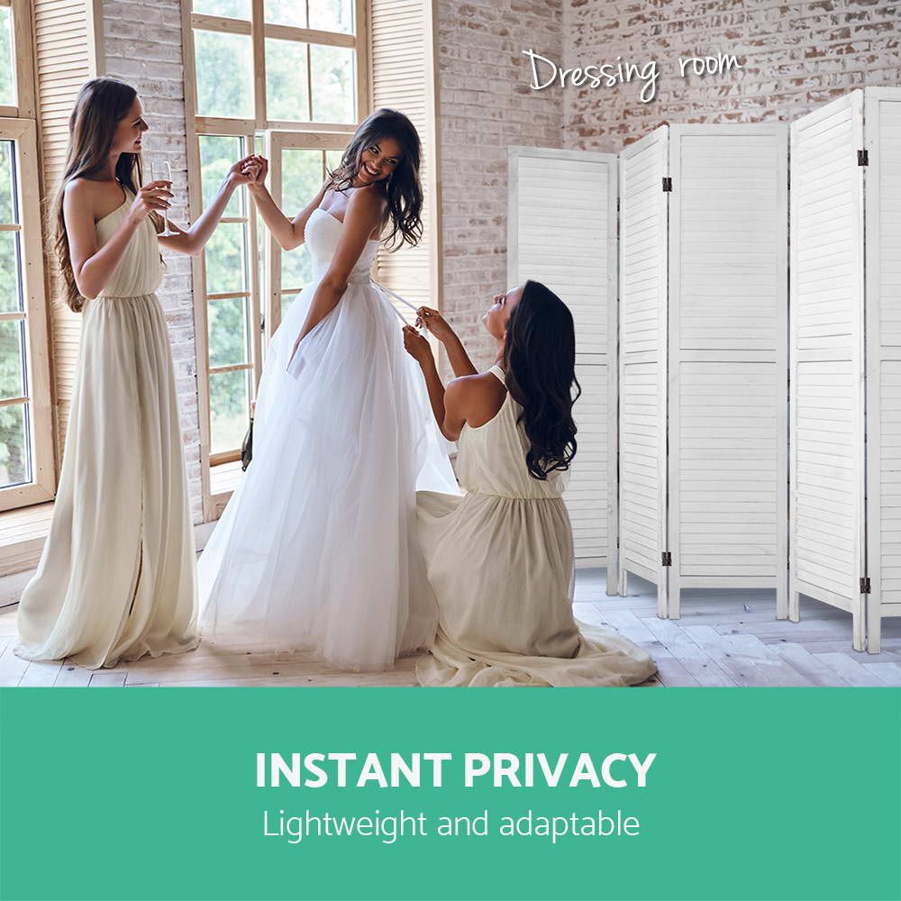 6 Panel Room Divider Folding Privacy Screen White Wooden Partition