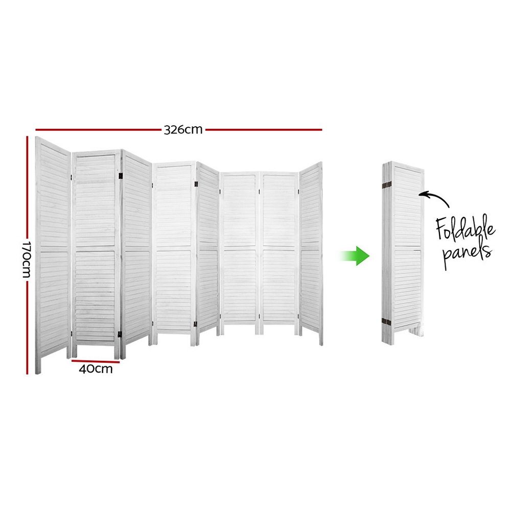 8 Panel Room Divider Folding Privacy Screen Wooden White