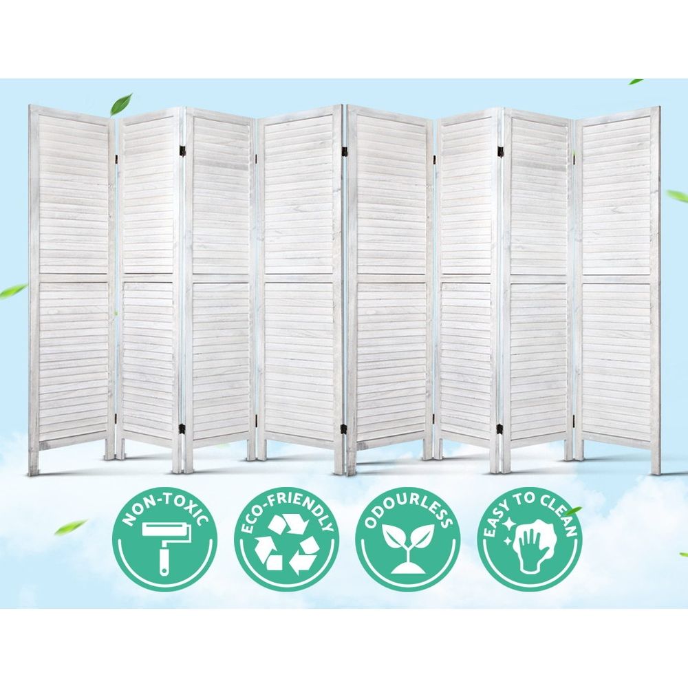 8 Panel Room Divider Folding Privacy Screen Wooden White