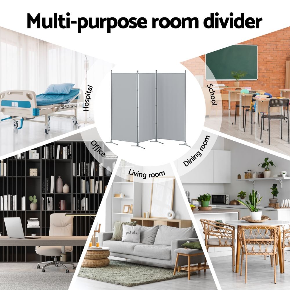 3 Panel Room Divider Set of 2 Folding Privacy Screen Fabric Room Separator Partition Grey