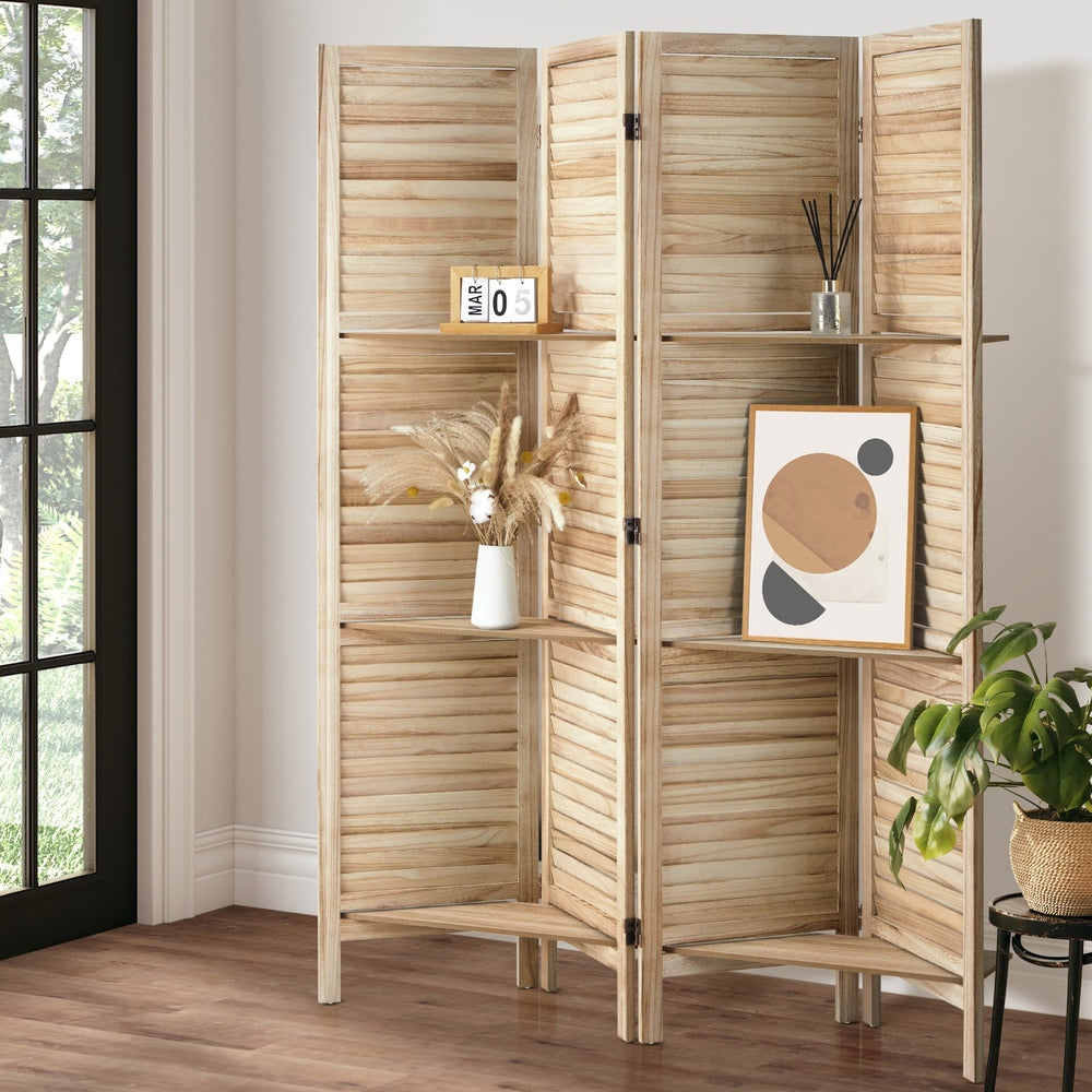 4 Panel Room Divider With Shelves Timber Wooden Natural
