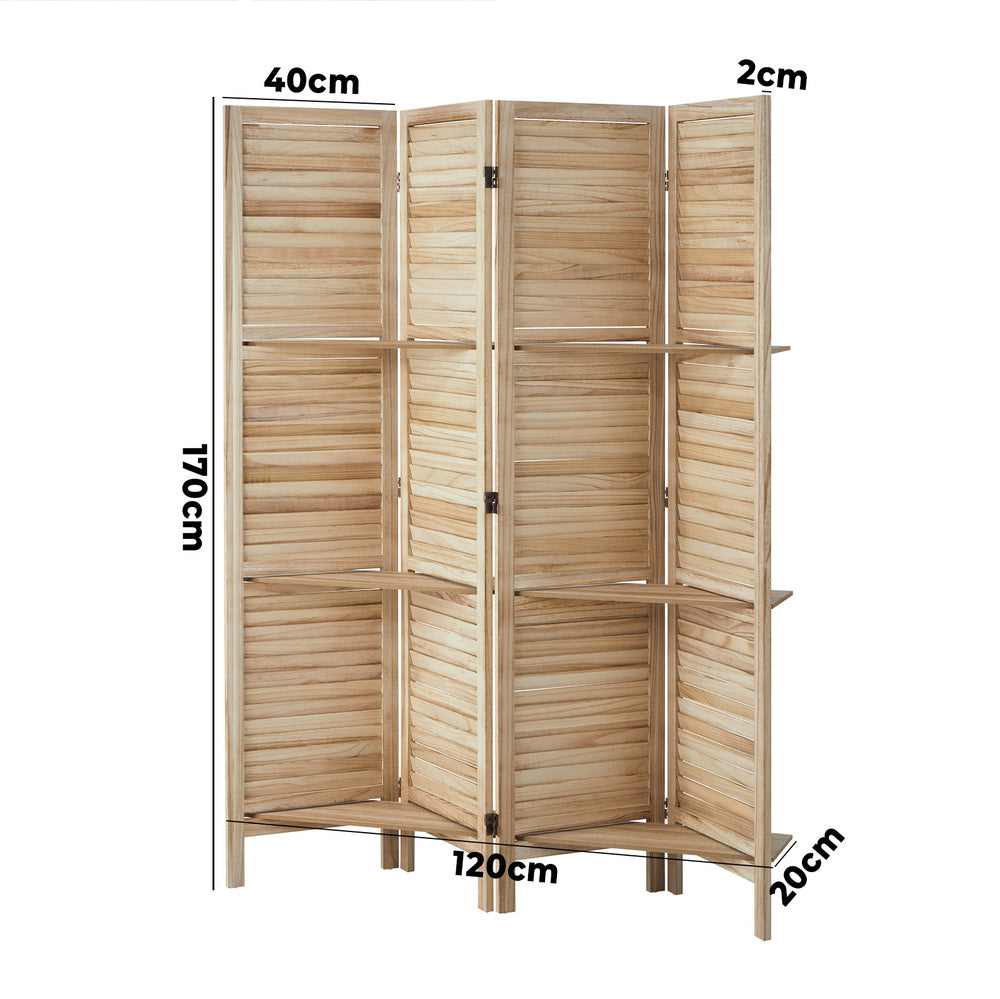 4 Panel Room Divider With Shelves Timber Wooden Natural