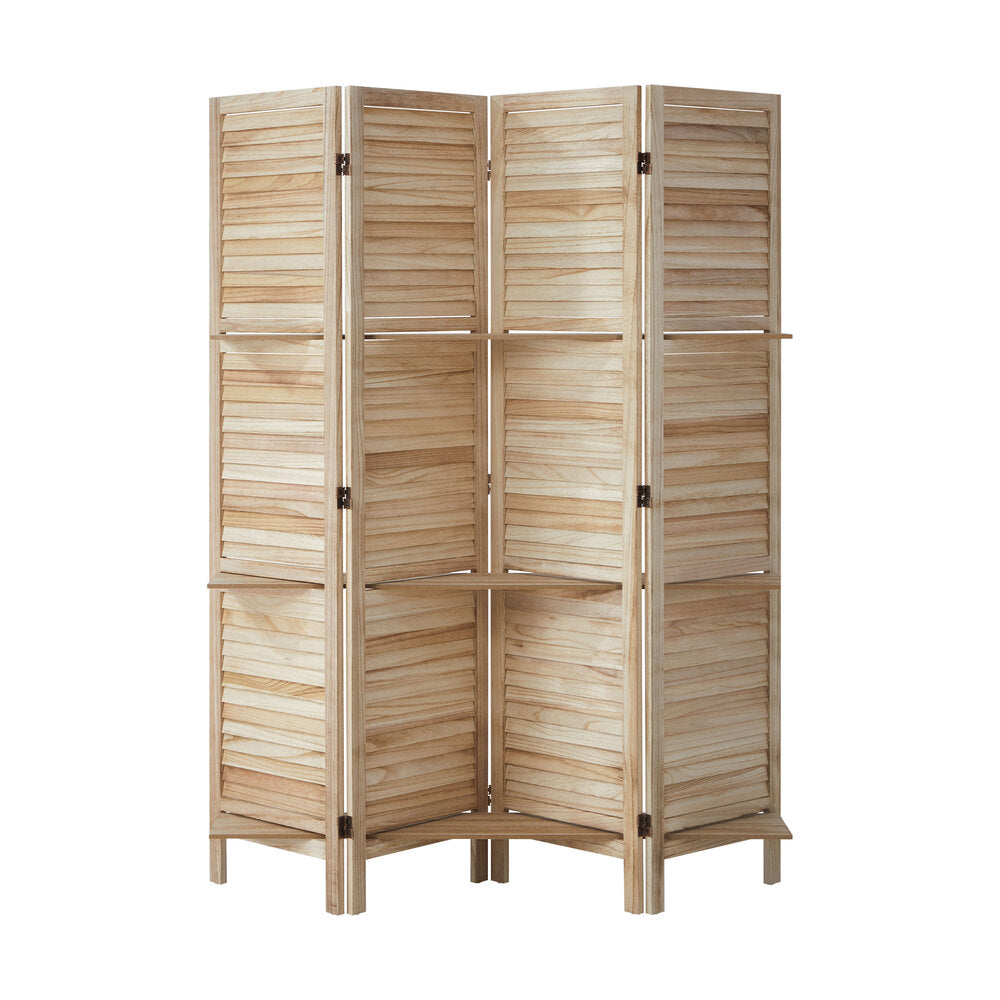4 Panel Room Divider With Shelves Timber Wooden Natural