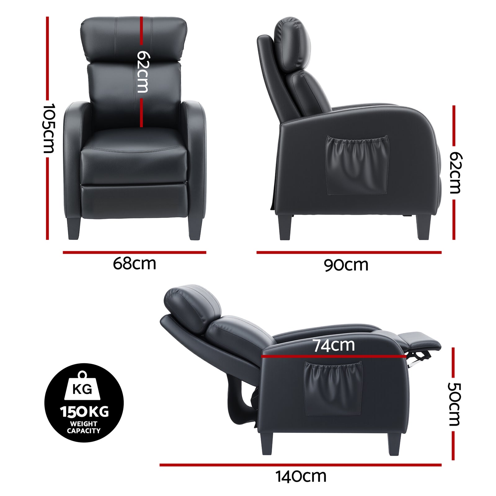 Massage Recliner Chair Small Recliner Sofa for Adults PU Leather Black