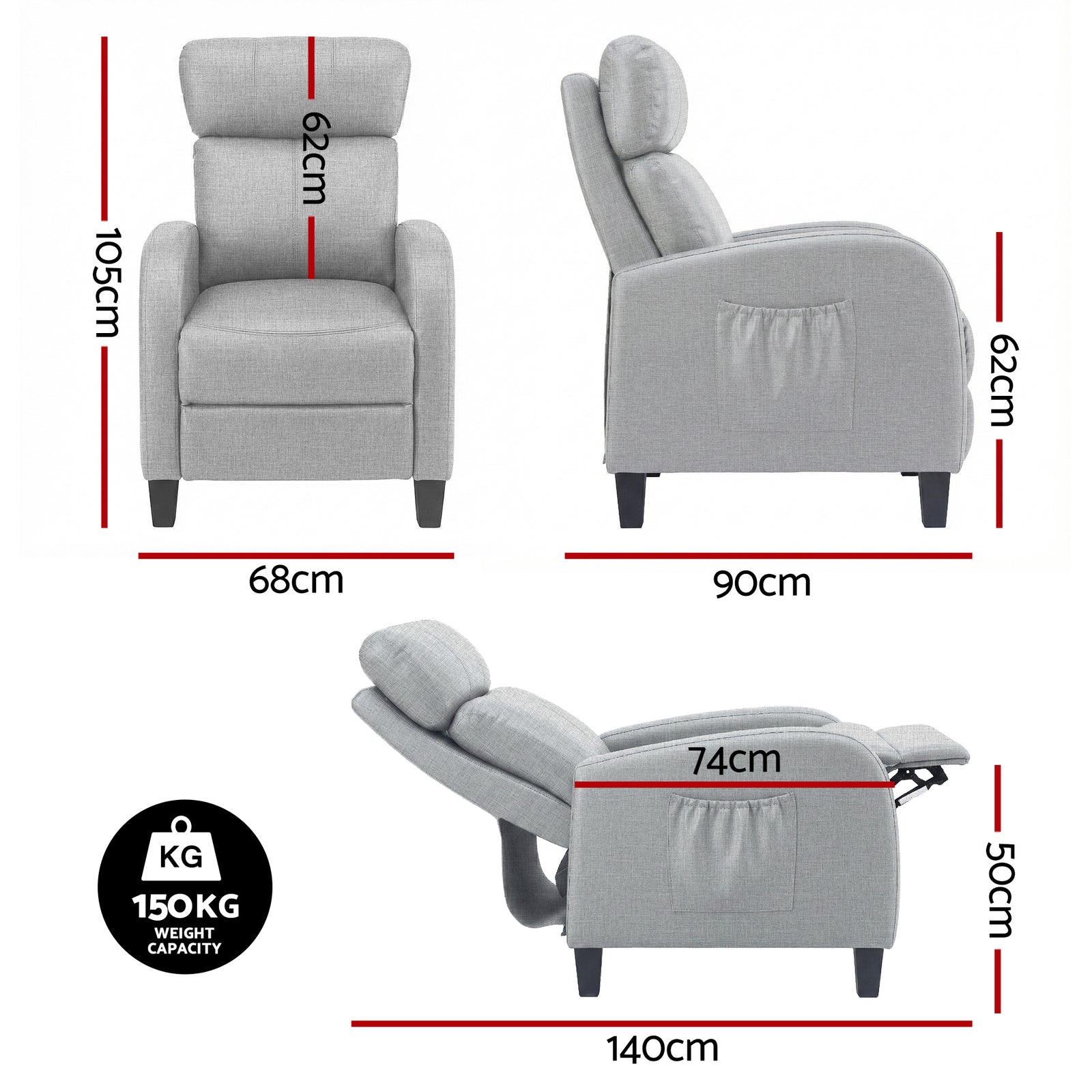 Massage Recliner Chair Small Recliner Sofa for Adults Fabric Grey