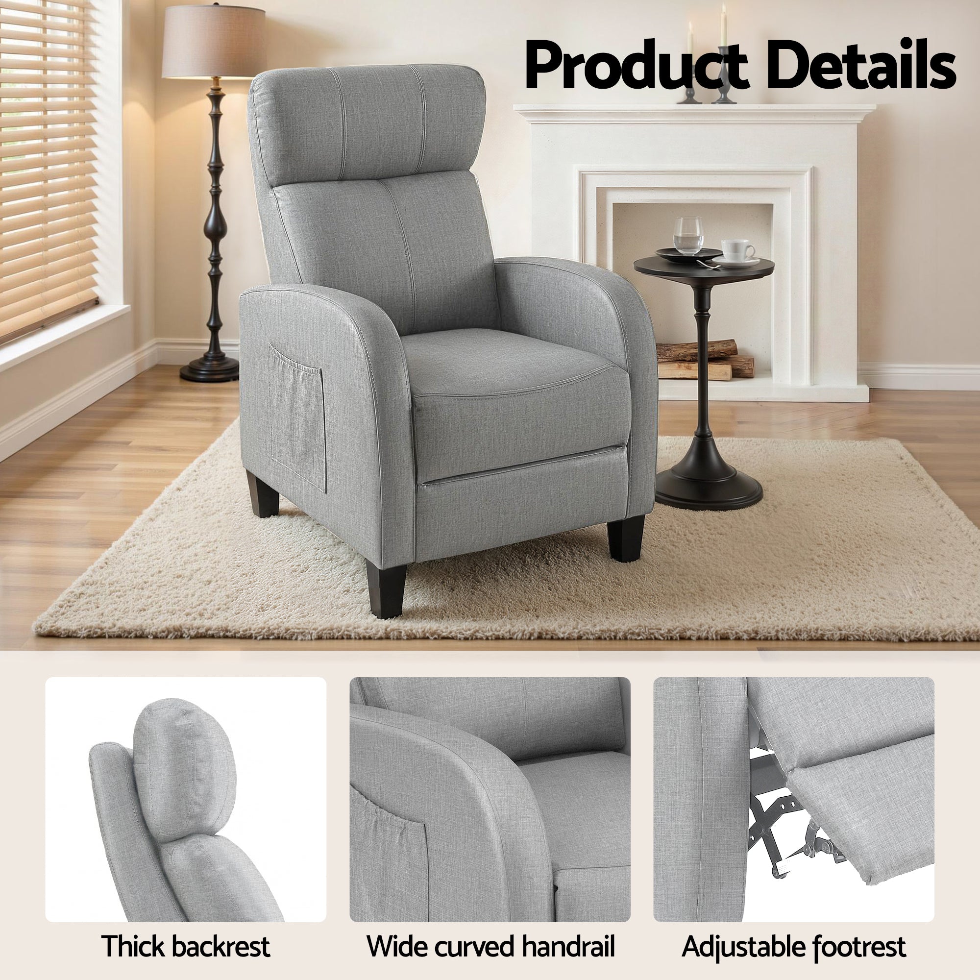 Massage Recliner Chair Small Recliner Sofa for Adults Fabric Grey