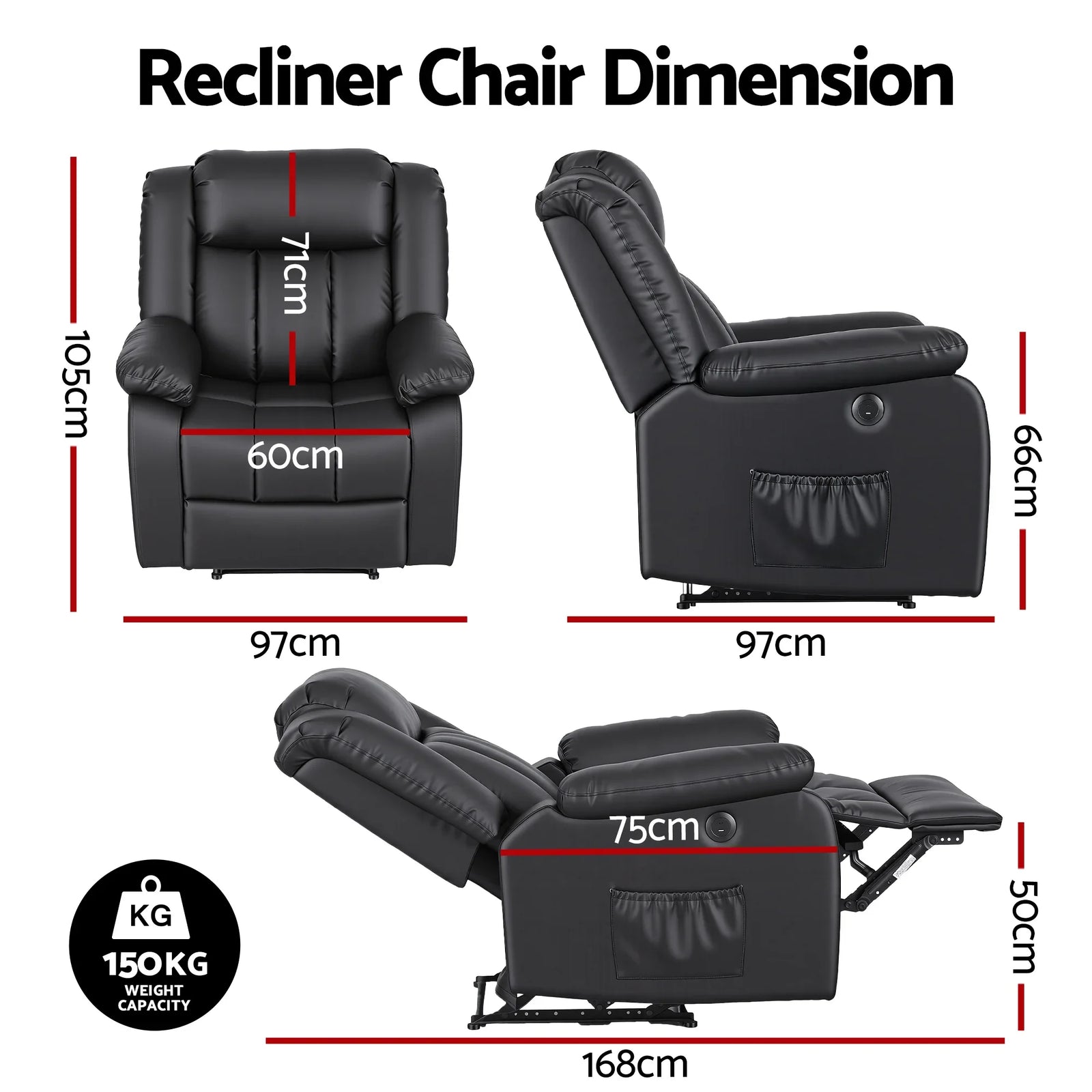 Manual Massage Recliner Chair for Living Room, Leather Sofa Lounge Reclining Chair with 2 USB Port, 160° Recline Reading Chair with 20CM Wide Armrests, 8 Point Vibration & Lumbar Heat, Black
