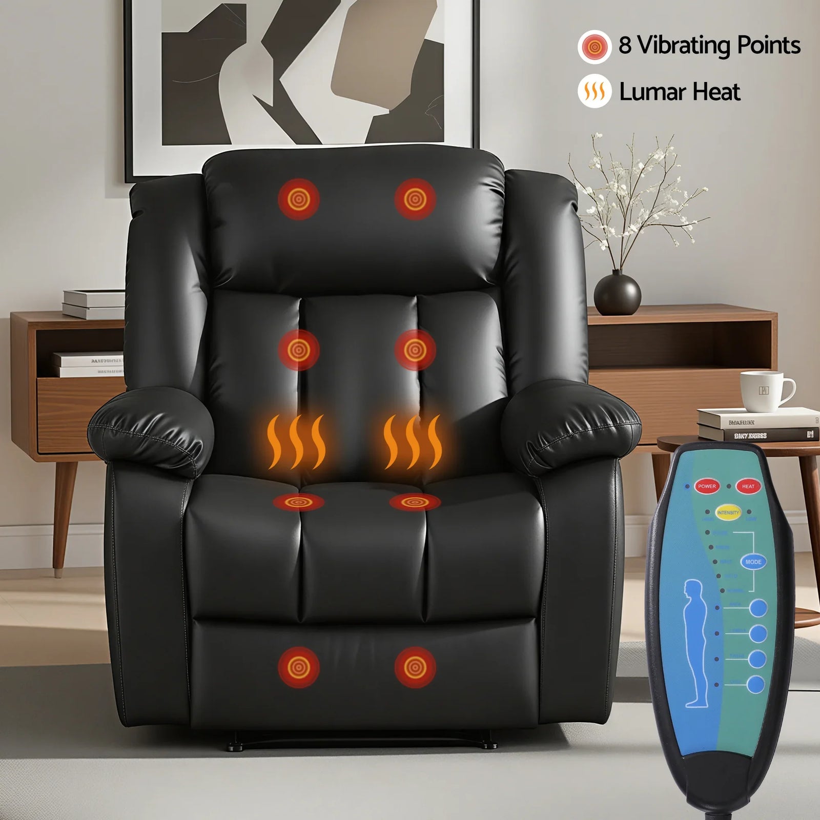 Manual Massage Recliner Chair for Living Room, Leather Sofa Lounge Reclining Chair with 2 USB Port, 160° Recline Reading Chair with 20CM Wide Armrests, 8 Point Vibration & Lumbar Heat, Black