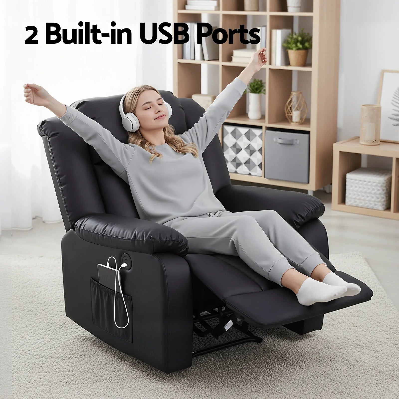 Manual Massage Recliner Chair for Living Room, Leather Sofa Lounge Reclining Chair with 2 USB Port, 160° Recline Reading Chair with 20CM Wide Armrests, 8 Point Vibration & Lumbar Heat, Black