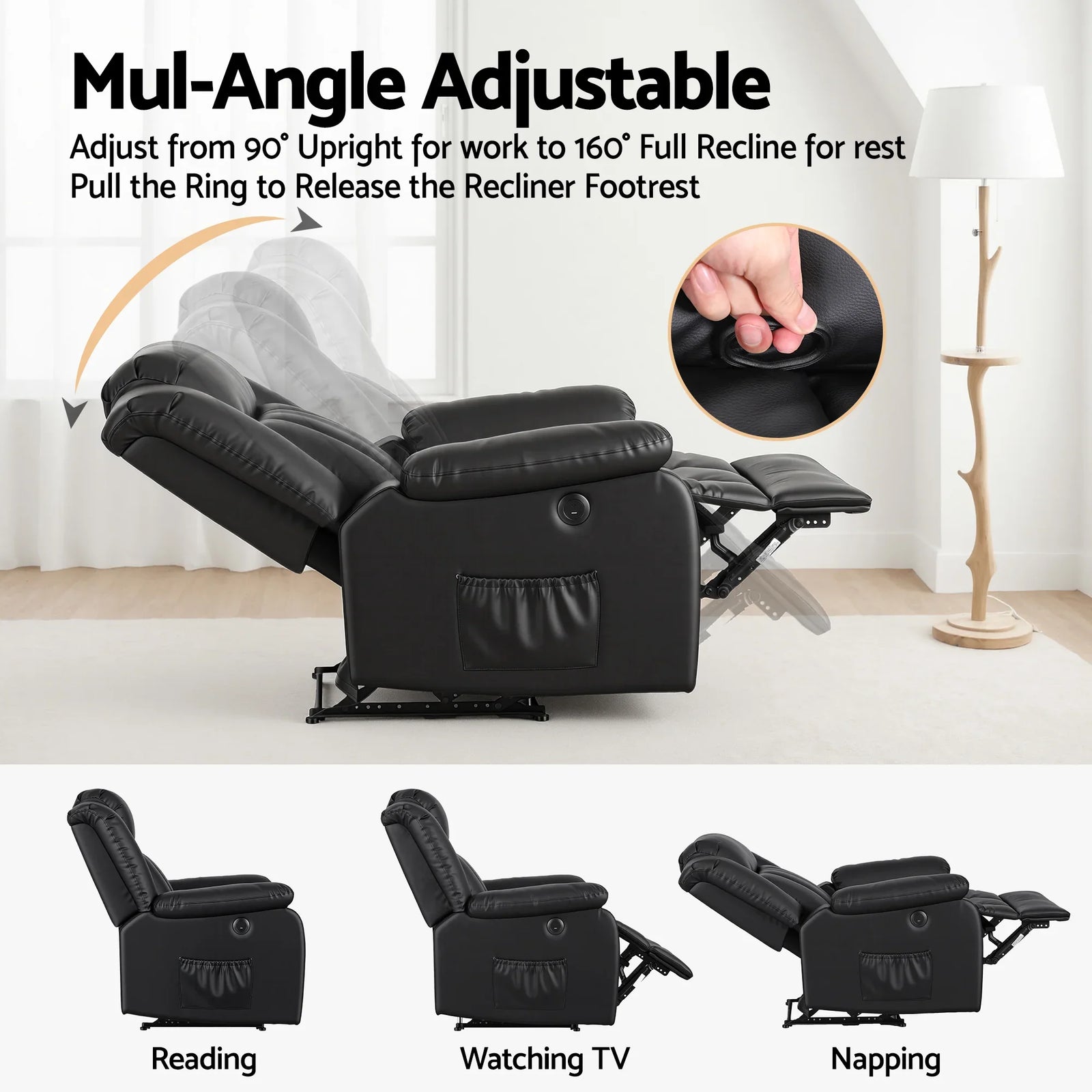Manual Massage Recliner Chair for Living Room, Leather Sofa Lounge Reclining Chair with 2 USB Port, 160° Recline Reading Chair with 20CM Wide Armrests, 8 Point Vibration & Lumbar Heat, Black