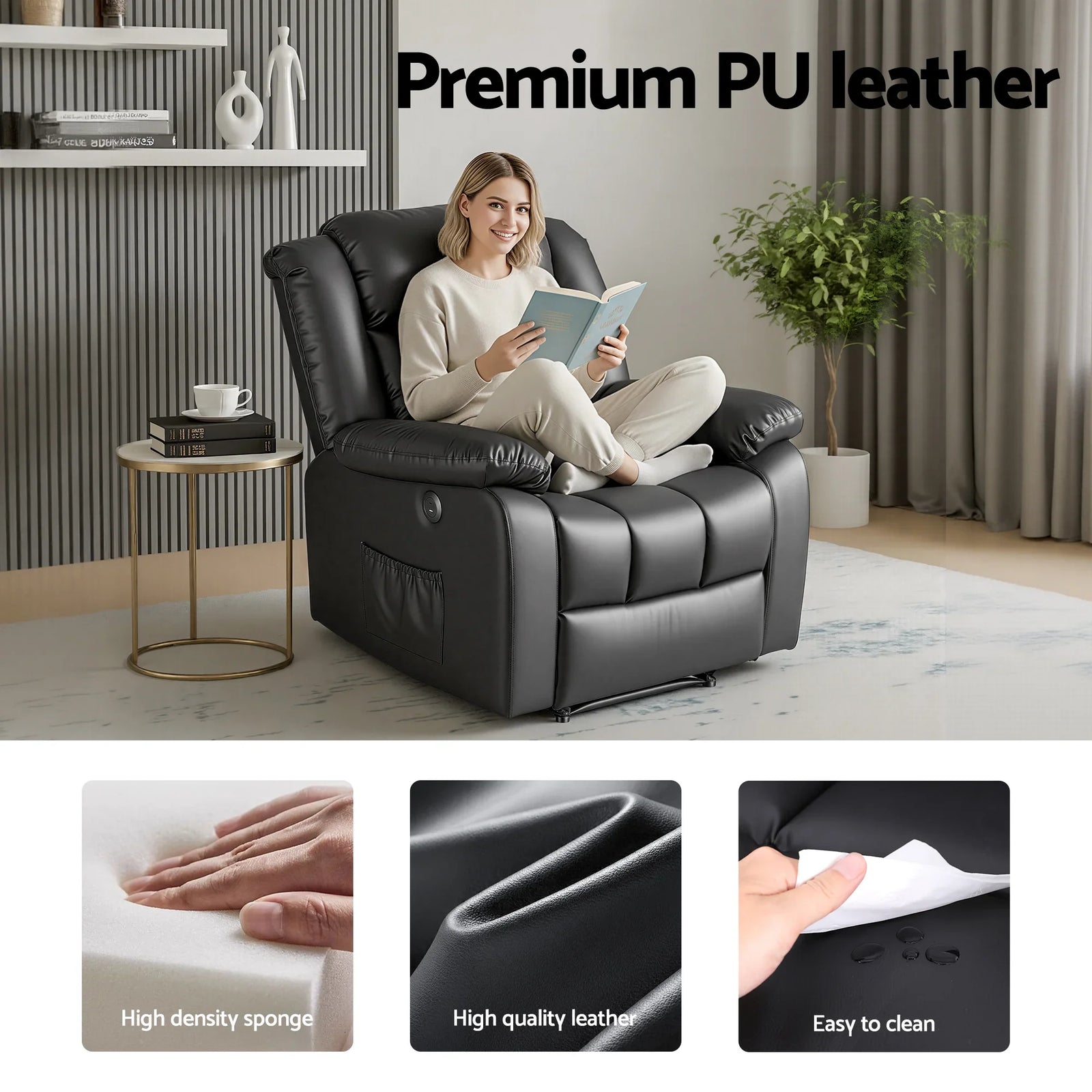 Manual Massage Recliner Chair for Living Room, Leather Sofa Lounge Reclining Chair with 2 USB Port, 160° Recline Reading Chair with 20CM Wide Armrests, 8 Point Vibration & Lumbar Heat, Black