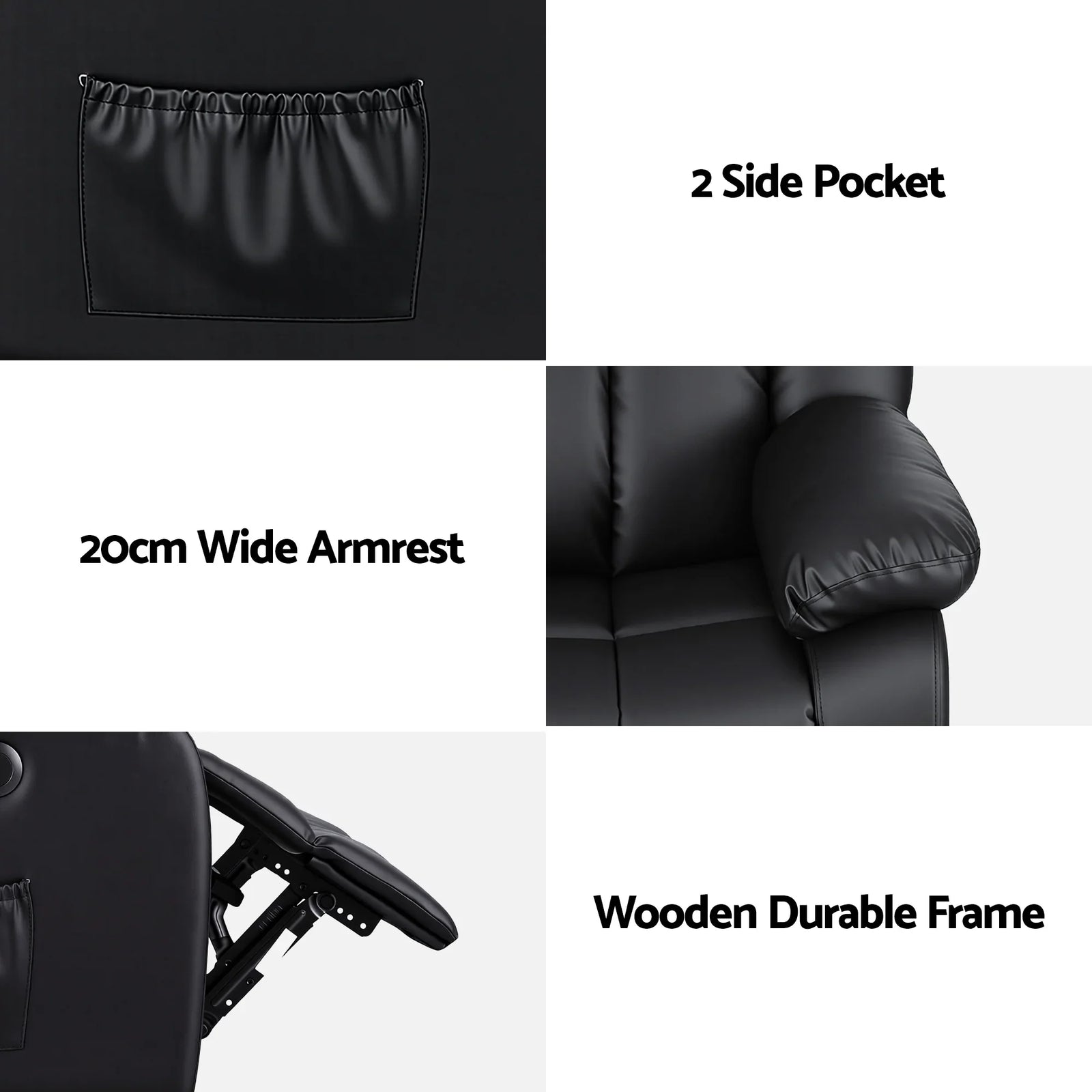 Manual Massage Recliner Chair for Living Room, Leather Sofa Lounge Reclining Chair with 2 USB Port, 160° Recline Reading Chair with 20CM Wide Armrests, 8 Point Vibration & Lumbar Heat, Black
