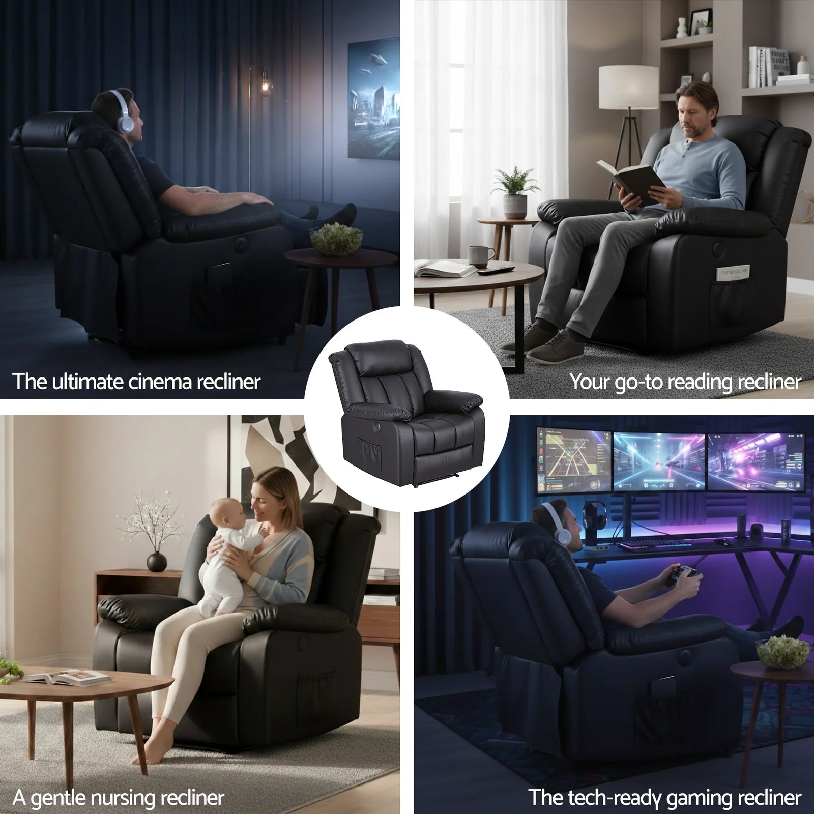 Manual Massage Recliner Chair for Living Room, Leather Sofa Lounge Reclining Chair with 2 USB Port, 160° Recline Reading Chair with 20CM Wide Armrests, 8 Point Vibration & Lumbar Heat, Black