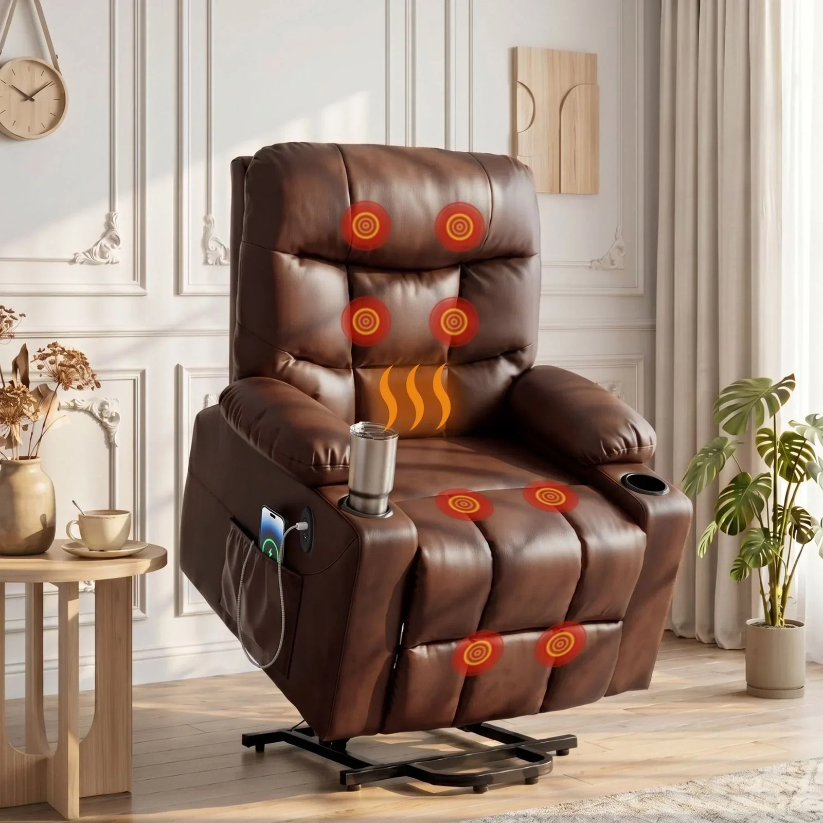 Lift Massage Recliner – 8‑Point, Heated, PU Leather, Remote, Brown