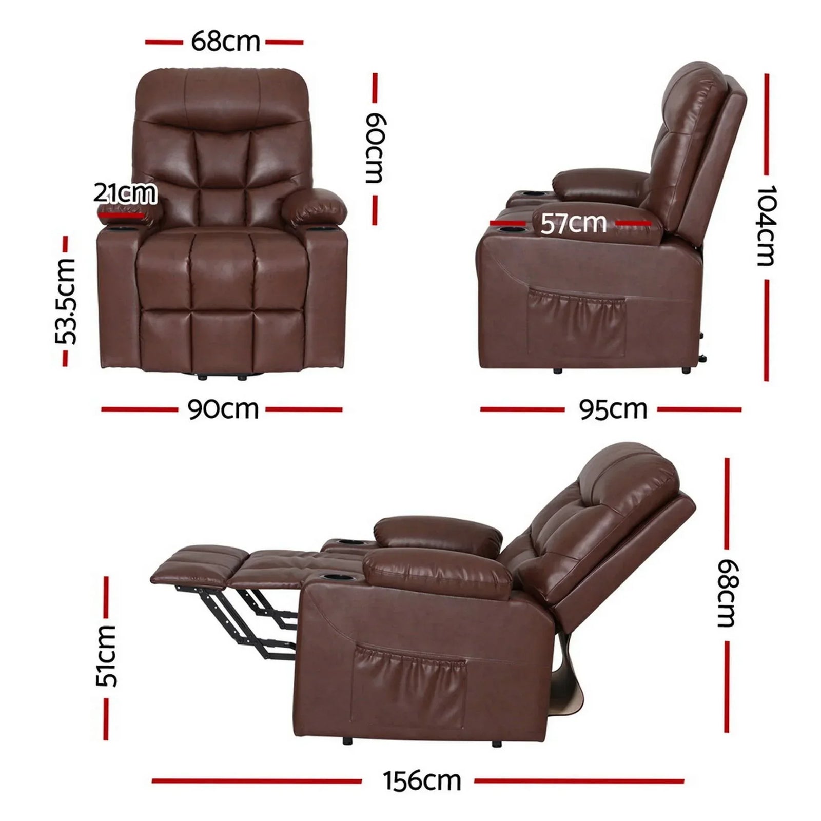 Lift Massage Recliner – 8‑Point, Heated, PU Leather, Remote, Brown