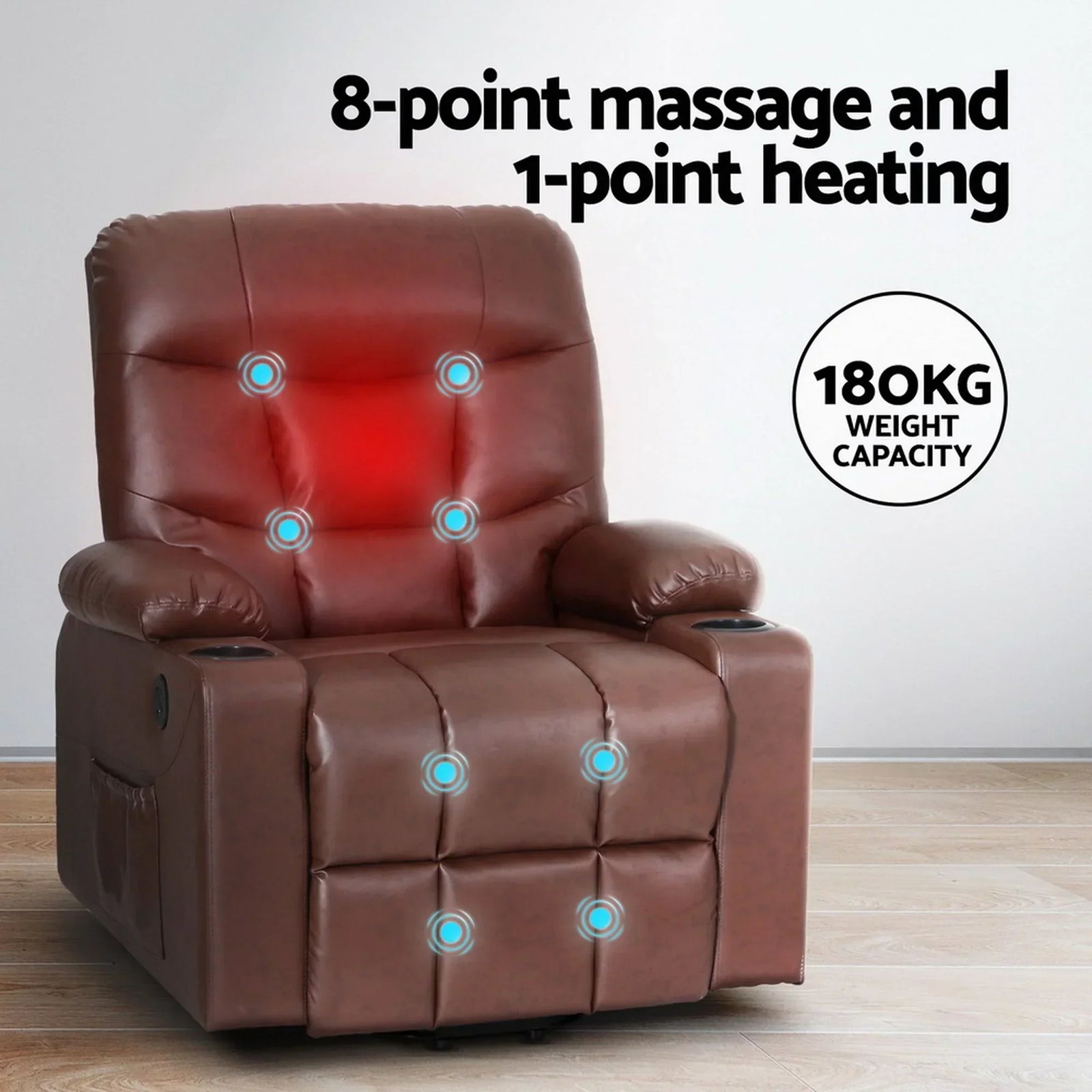 Lift Massage Recliner – 8‑Point, Heated, PU Leather, Remote, Brown