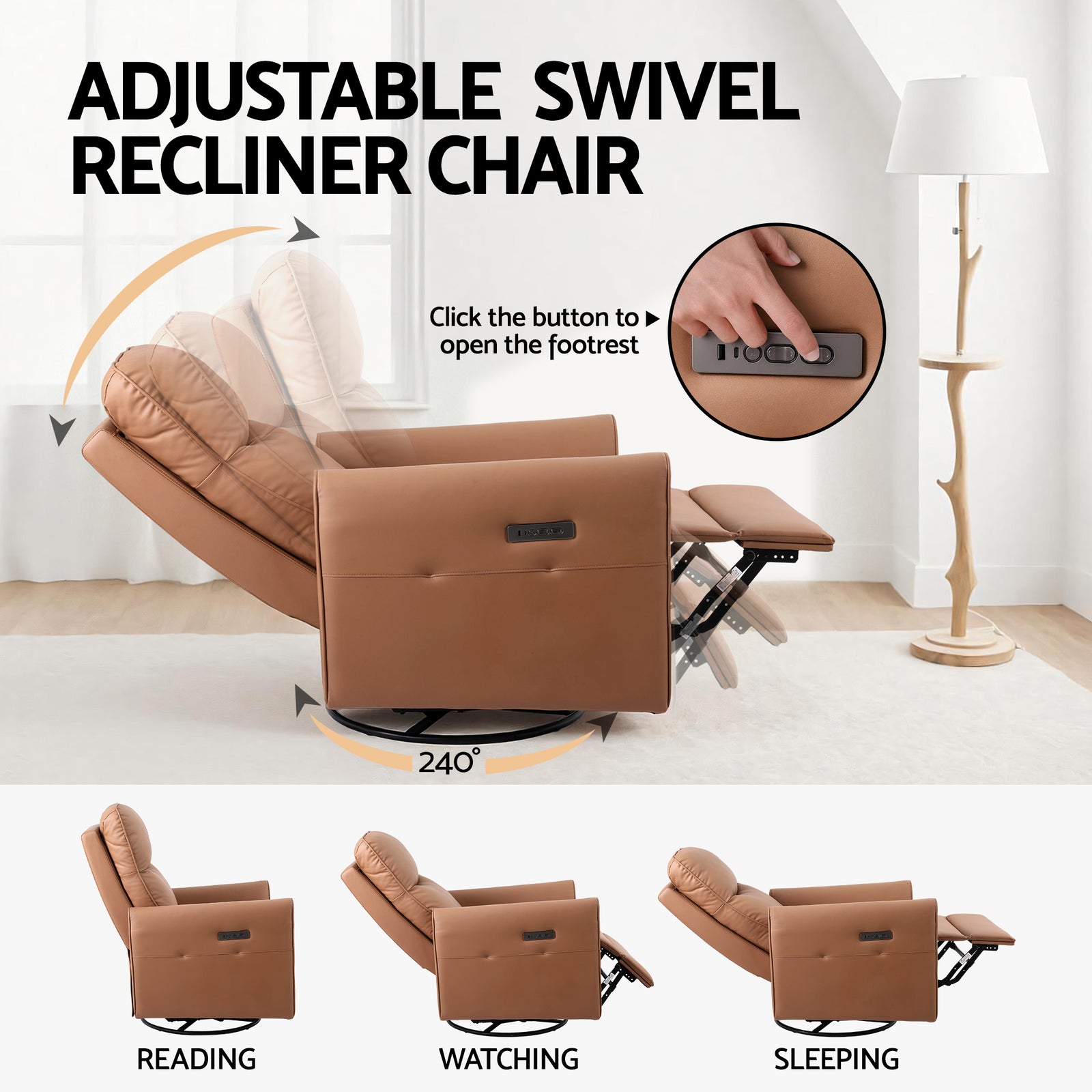 Swivel Recliner Chair Leather Rocking Reclining Sofa with Charging Ports LED Brown