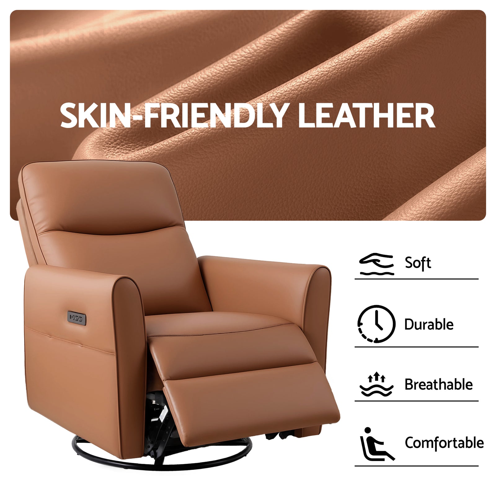 Swivel Recliner Chair Leather Rocking Reclining Sofa with Charging Ports LED Brown